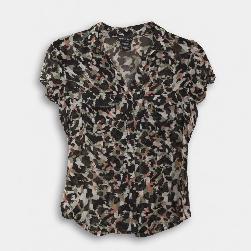 Wet Seal Indie‎ Sleaze Camo Sheer Blouse Sheer Small